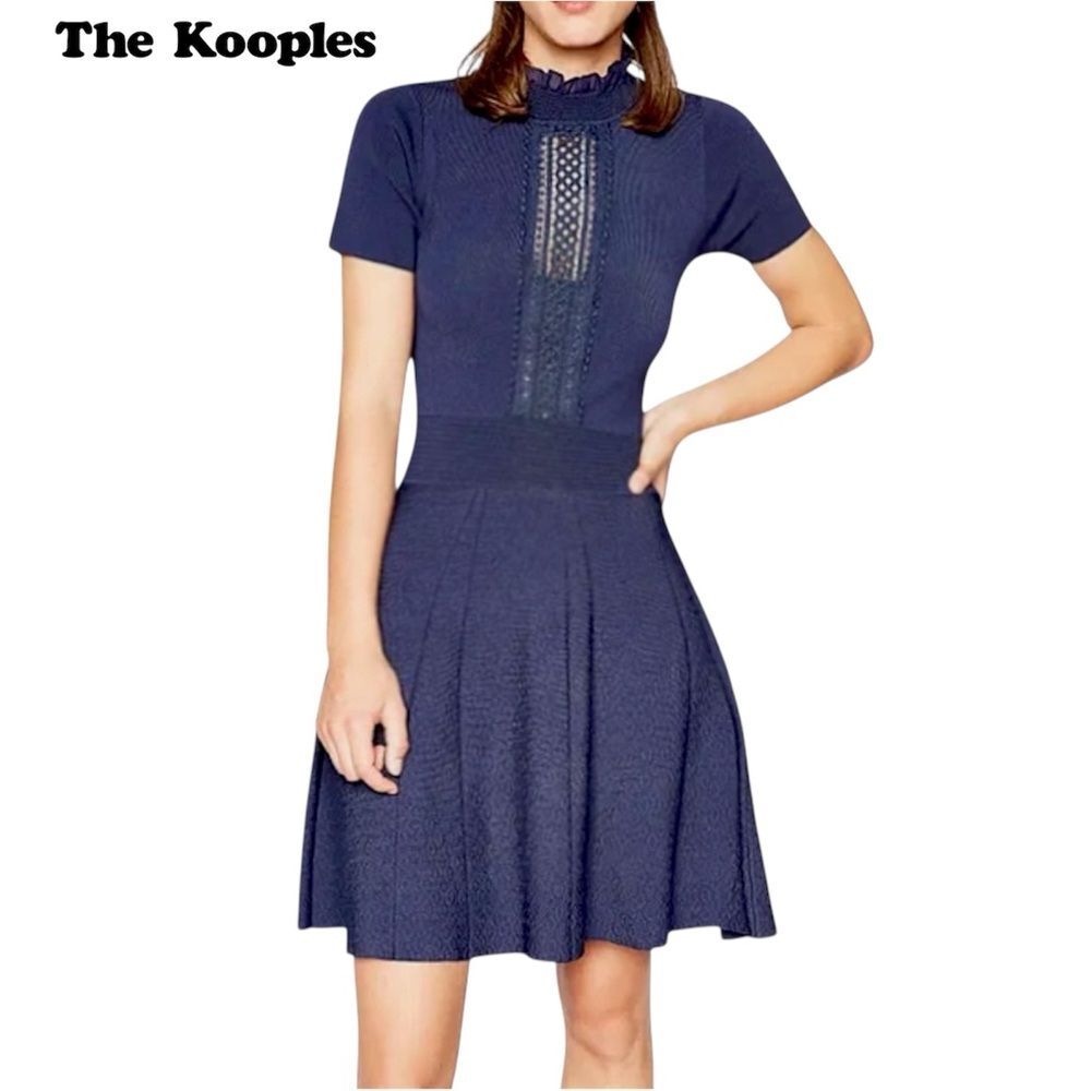 The Kooples Navy Knit Fit & Flare Mini Dress 1 S High Neck Short Sleeve Lace